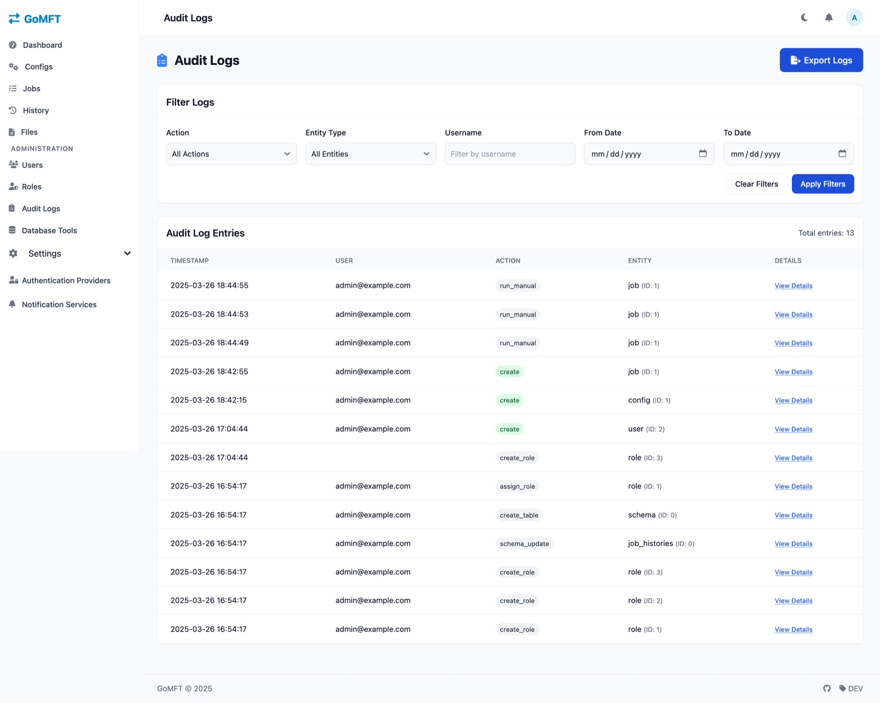 GoMFT Audit Logs page with filters for action, entity type, username and date range, and a table of 13 log entries.