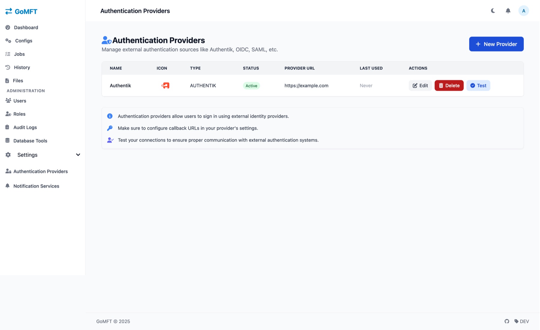 GoMFT Authentication Providers page with one Authentik provider marked Active, and Edit, Delete and Test buttons.