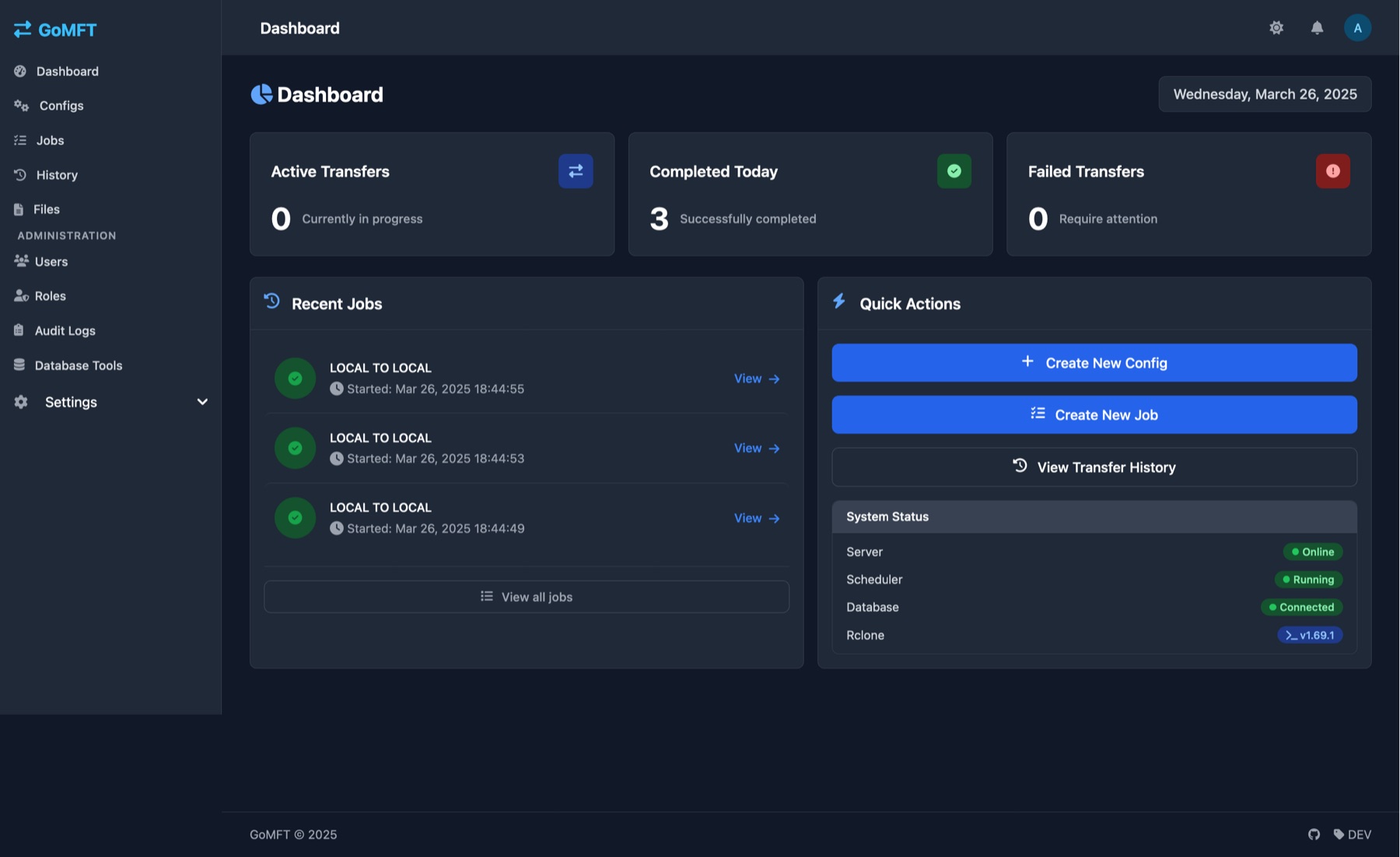 The same GoMFT dashboard in dark mode.