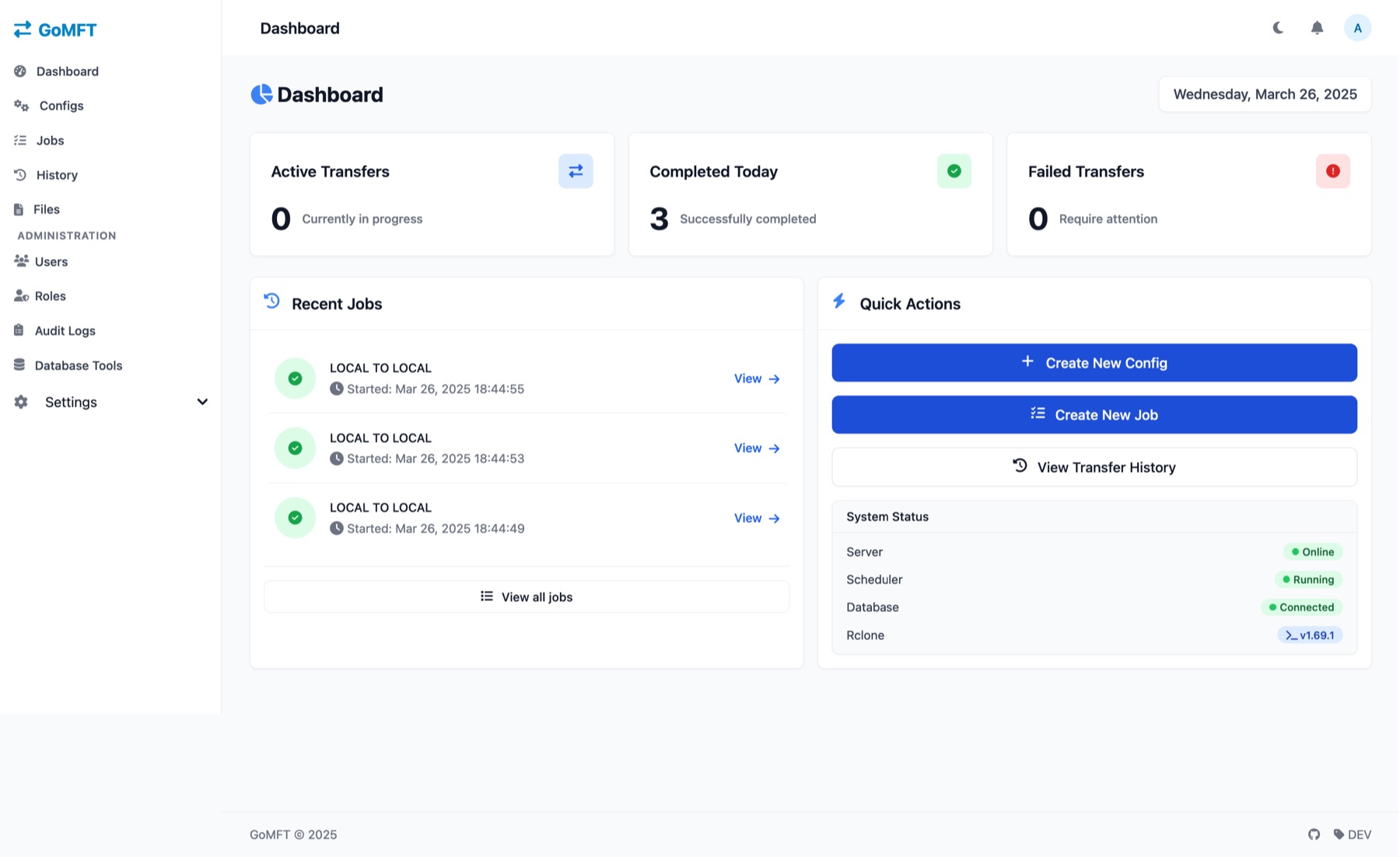 GoMFT dashboard in light mode: counters for active, completed and failed transfers, a list of recent jobs, quick actions and a system status panel showing server, scheduler, database and rclone version.