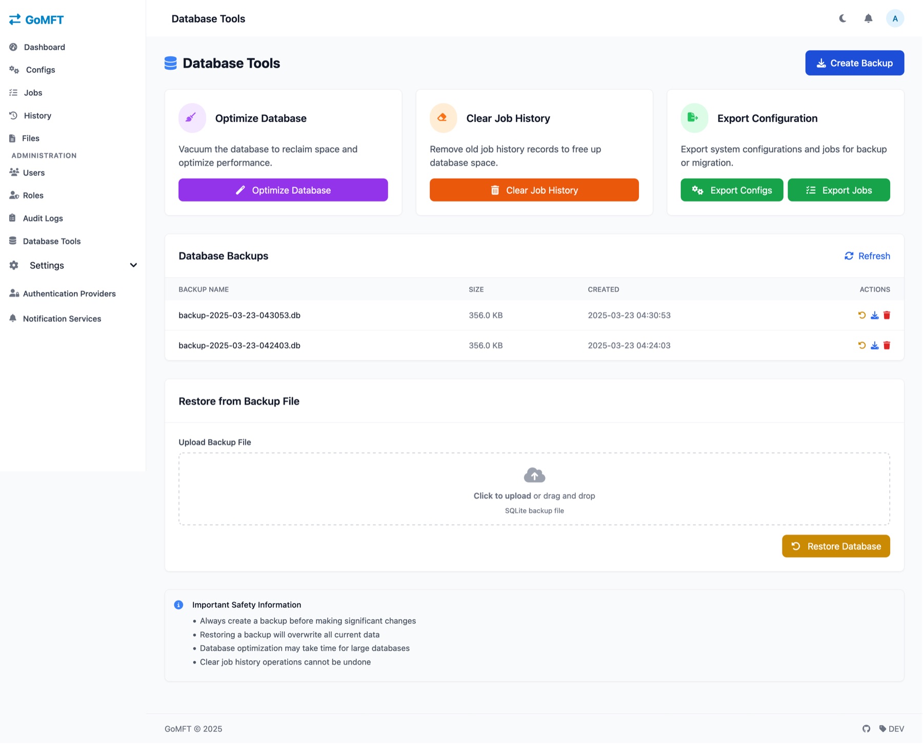 GoMFT Database Tools page with Optimize Database, Clear Job History and Export Configuration cards, a list of backups, and a Restore from Backup File upload area.