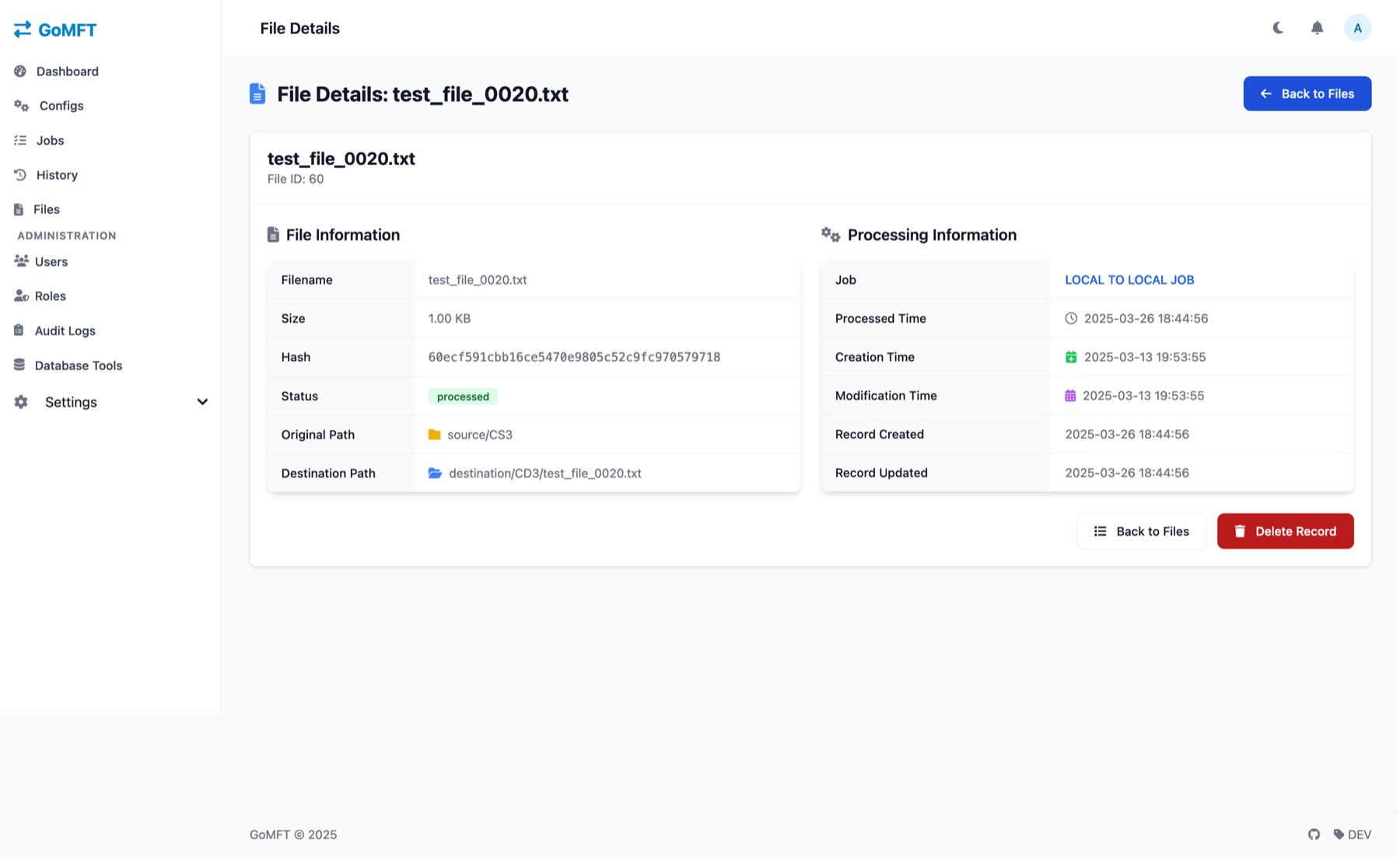 GoMFT File Details page showing filename, size, hash, status, original and destination path, the job that processed it, and its timestamps.