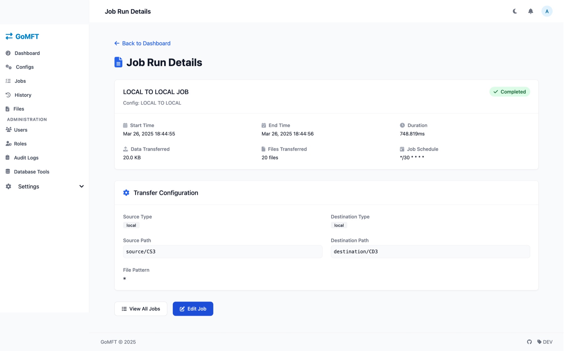 GoMFT Job Run Details page with status Completed, start and end time, duration, data and files transferred, and the transfer configuration paths and file pattern.