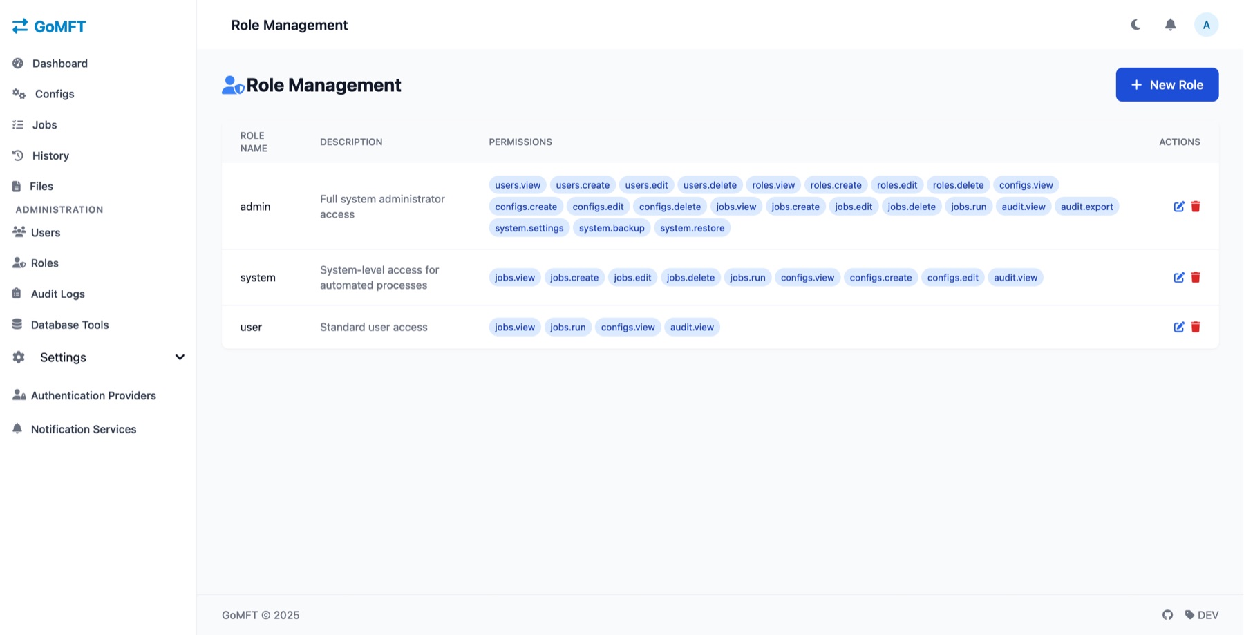 GoMFT Role Management page listing the admin, system and user roles with their permission tags such as users.view and jobs.run.