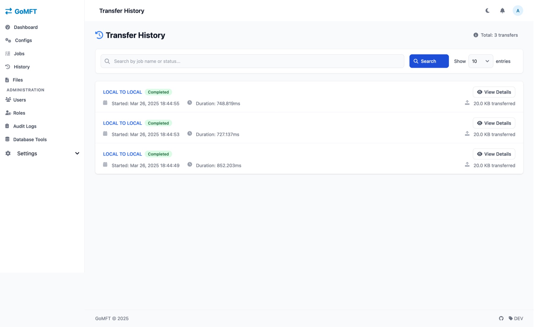 GoMFT Transfer History page with a search box and three completed runs, each with start time, duration and data transferred.