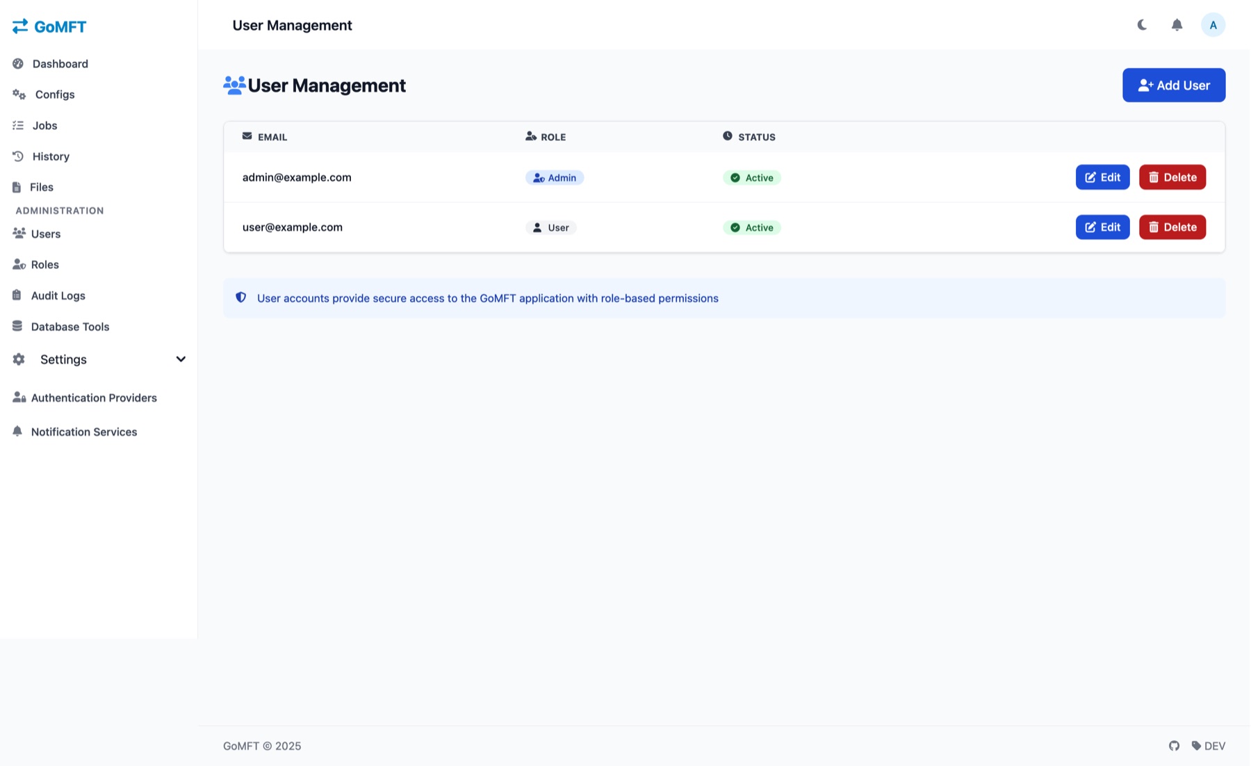 GoMFT User Management page with an Admin and a User account, both Active, and an Add User button.